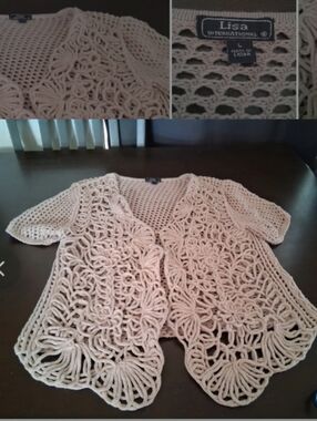 Lisa International Sz Large Beige Crochet Openfront Short-Sleeve Cardigan